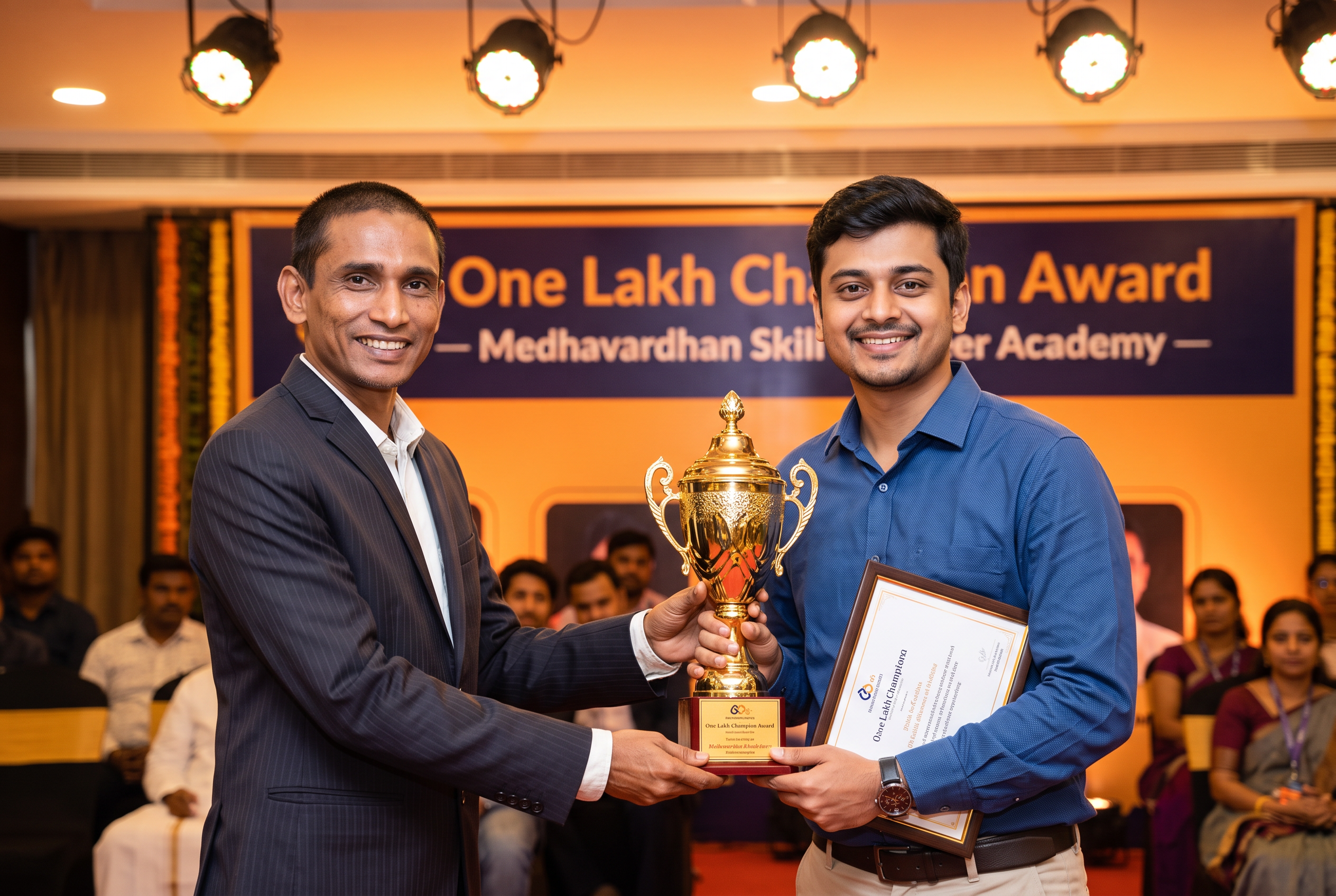 Rohan Das receiving the One Lakh Champion Award from the founder of Medhavardhan Skill & Career Academy