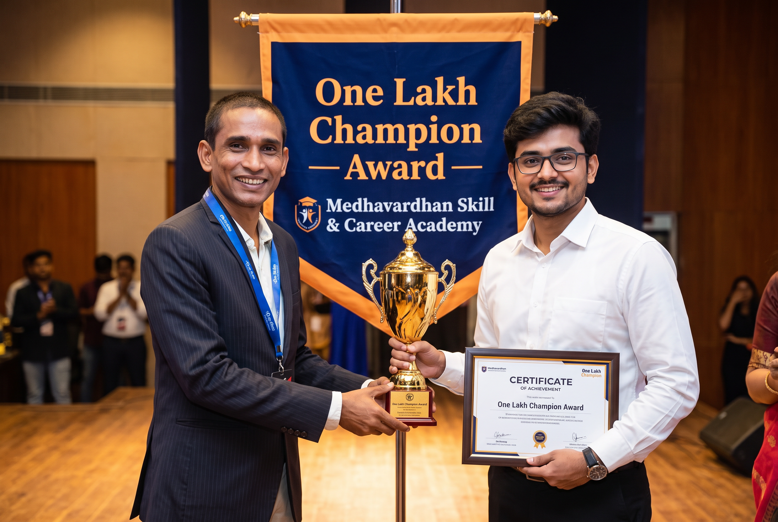 Sourav Ghosh receiving the One Lakh Champion Award from the founder of Medhavardhan Skill & Career Academy