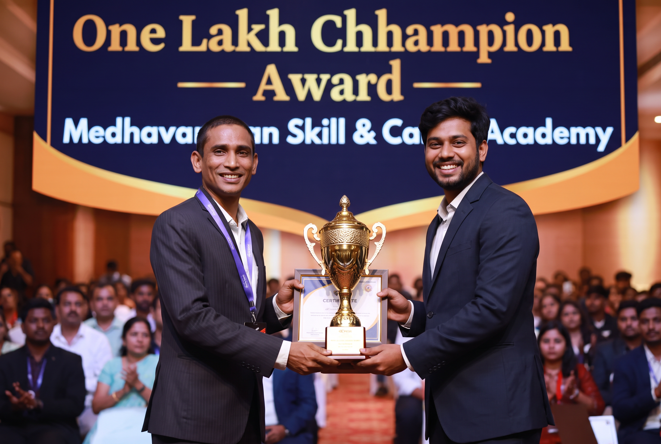 Arindam Roy receiving the One Lakh Champion Award from the founder of Medhavardhan Skill & Career Academy