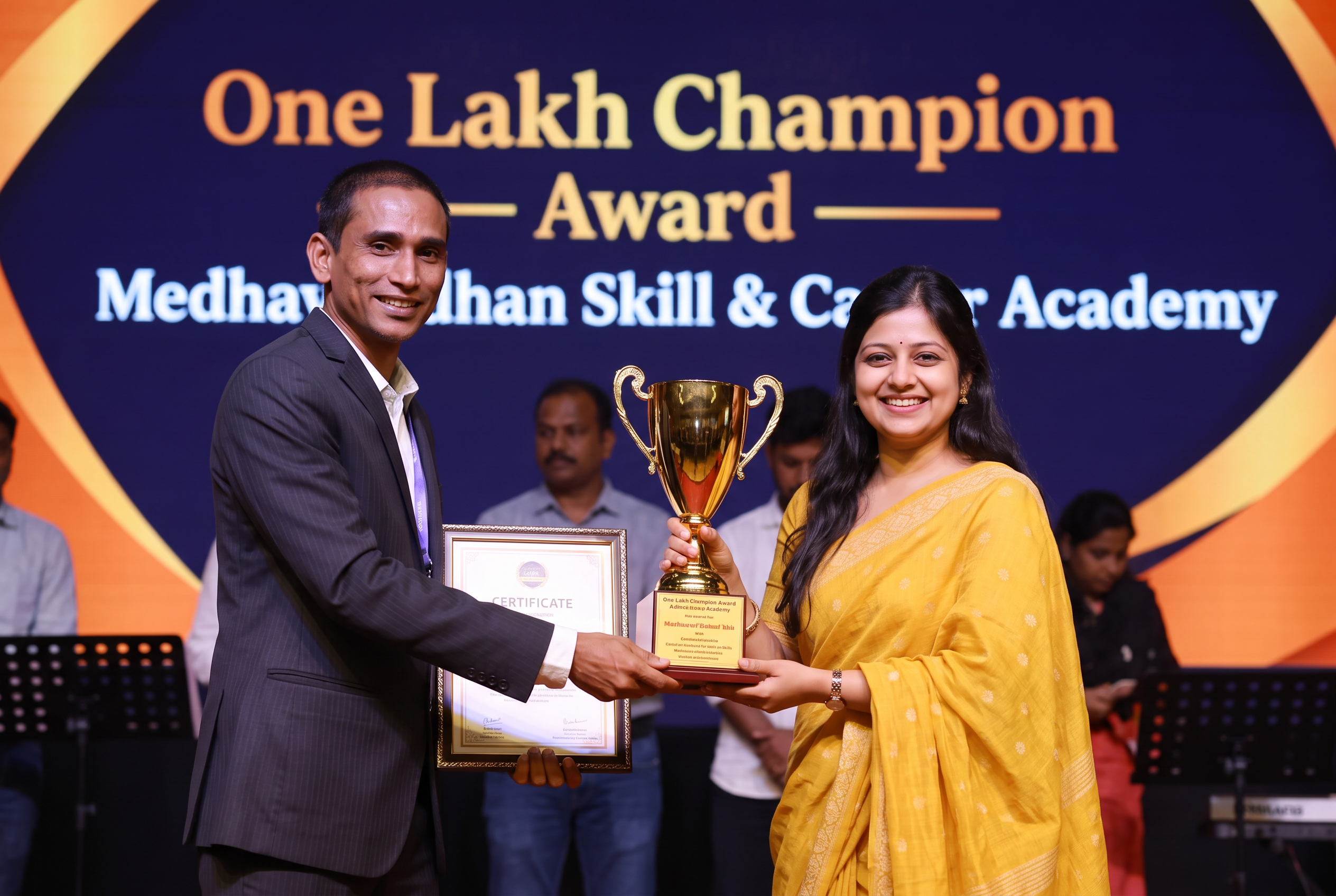 Sneha Paul receiving the One Lakh Champion Award from the founder of Medhavardhan Skill & Career Academy