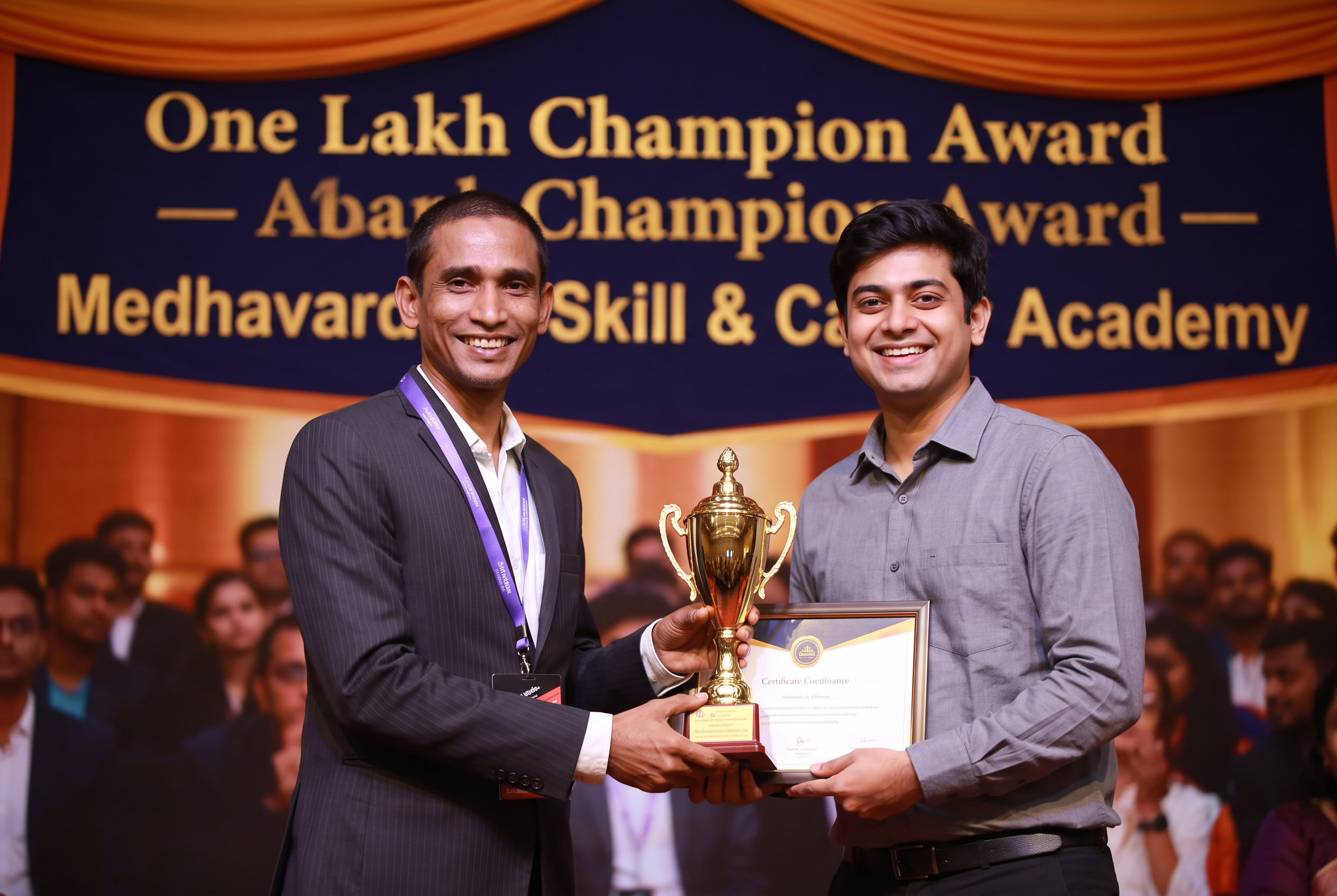 Debojit Sen receiving the One Lakh Champion Award from the founder of Medhavardhan Skill & Career Academy